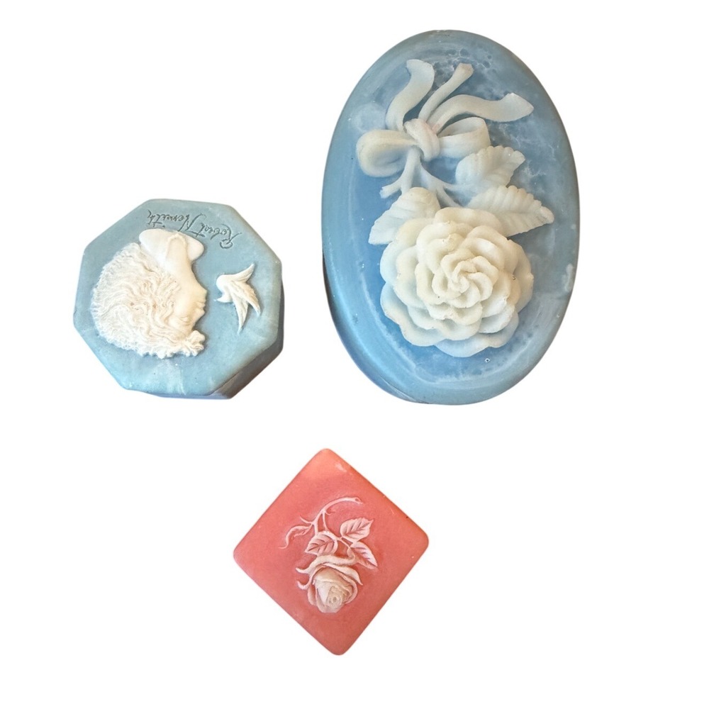 Vintage Robert Nemith Cameo Trinket Box Set Blue Coral Rose Floral 3 Piece